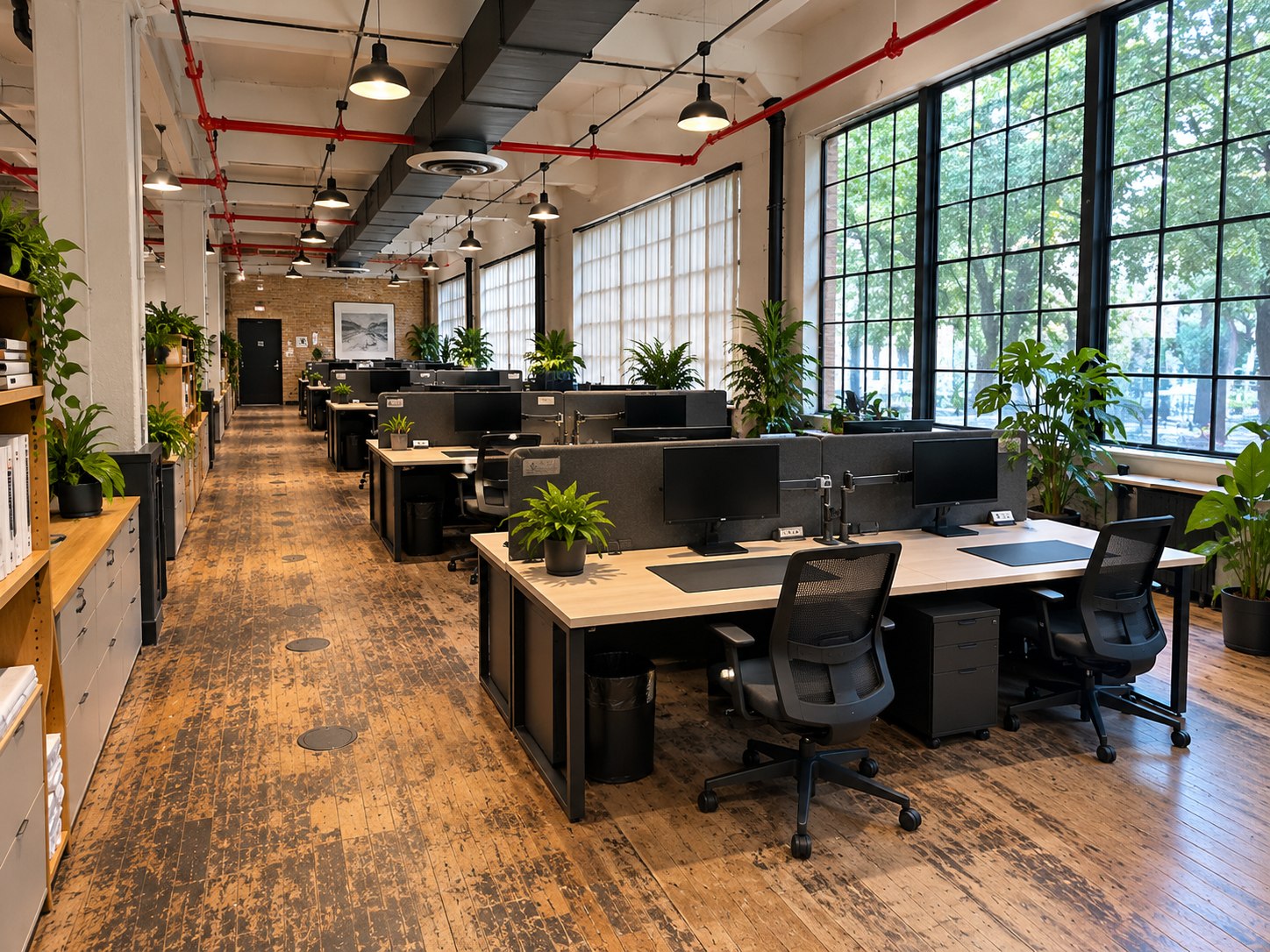 Concept visualization of the Plymouth workspace with historic industrial windows and modern desks